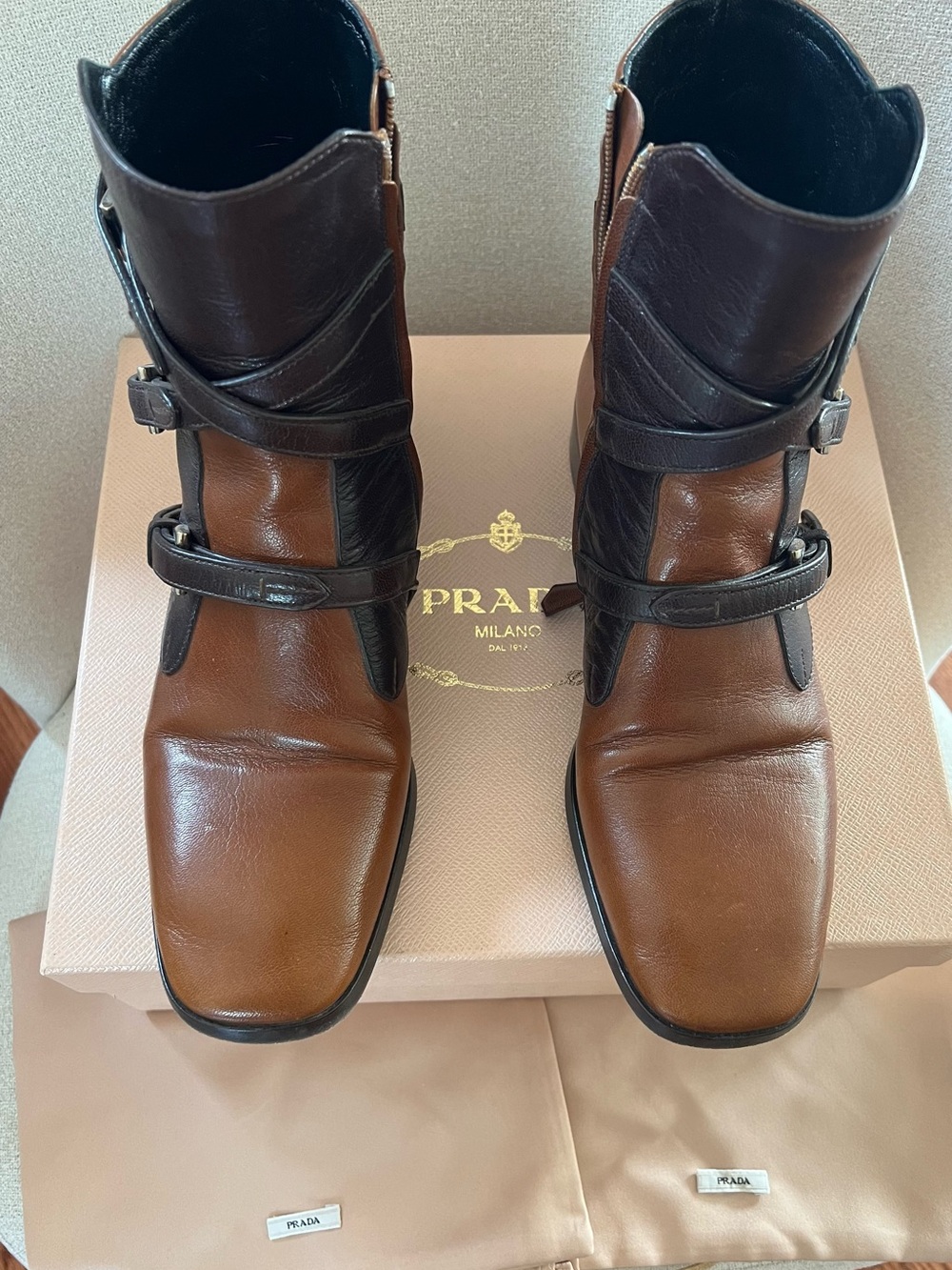 Prada Women’s Two-Tone Brown Leather Buckle Ankle Boots